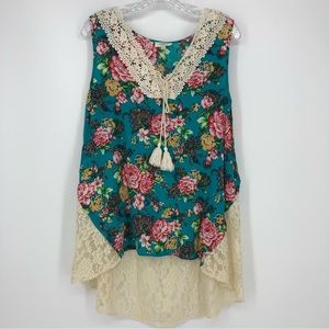 Umgee Floral Tassel & Lace Tunic High Low Blouse Tank Size Medium